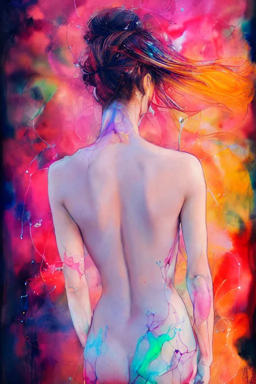 Prompt: sophia vergara by agnes cecile enki bilal moebius, intricated details, 3 / 4 back view, hair styled in a bun, bendover posture, full body portrait, extremely luminous bright design, pastel colours, drips, autumn lights