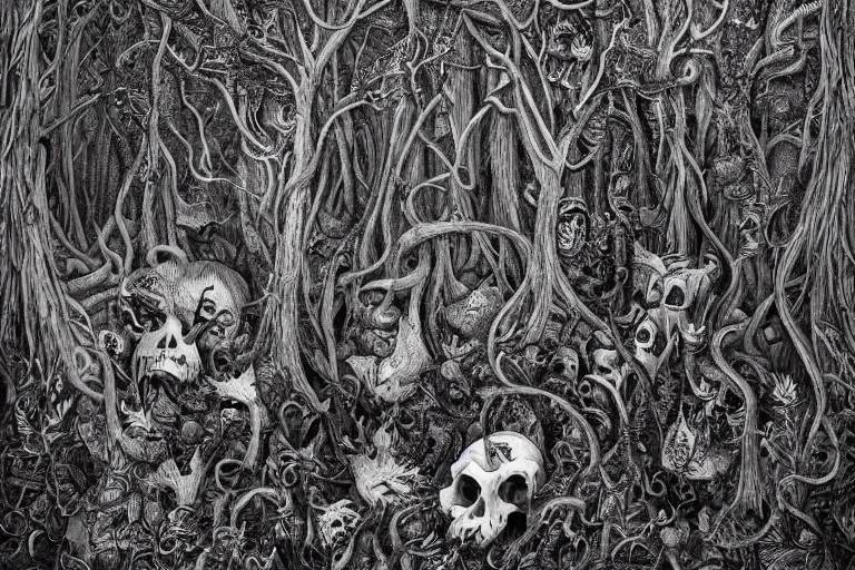 Image similar to an eerie insanely detailed forest of the soul, highly ambiguous, symbolic, eyes of strange creatures hiding in the dark, skulls of critters and bones of animals, snakes and vines and cobwebs and old trees, a glimpse of hope, ink and ballpoint, inspired by claire scully and evan cagle and simon prades