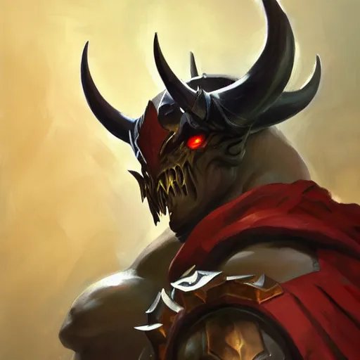 Image similar to Greg Manchess portrait painting of a large-horned demonic, devil armored character from league of legends, medium shot, asymmetrical, profile picture, Organic Painting, sunny day, Matte Painting, bold shapes, hard edges, street art, trending on artstation, by Huang Guangjian and Gil Elvgren and Sachin Teng