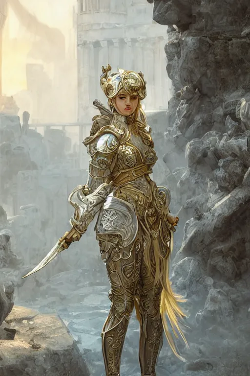 Image similar to portrait knights of Zodiac girl, silver and ice color reflected armor, in ruined Agora of Athens, ssci-fi, fantasy, intricate, very very beautiful, elegant, golden light, highly detailed, digital painting, artstation, concept art, smooth, sharp focus, illustration, art by tian zi and WLOP and alphonse mucha