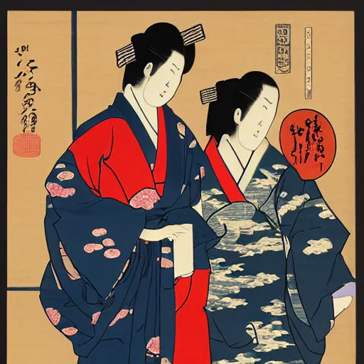 Prompt: rivers cuomo with a japanese woman with loose robes, ukiyo - e style