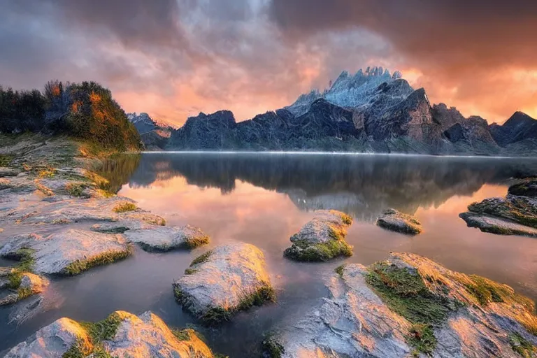 Prompt: Gediminas Pranckevicius amazing landscape photo of mountains with lake in sunset by marc adamus beautiful dramatic lighting,