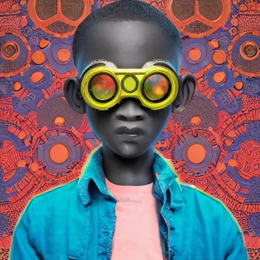 Image similar to colourful claymation upper half - portrait - art of a nigerian boy wearing steam punk goggles, art by utagawa kunisada & james jean, symmetrical, intricate detail, concept art, volumetric light, global illumination, ray tracing, claymation, sharp, pinterest, behance, art station,