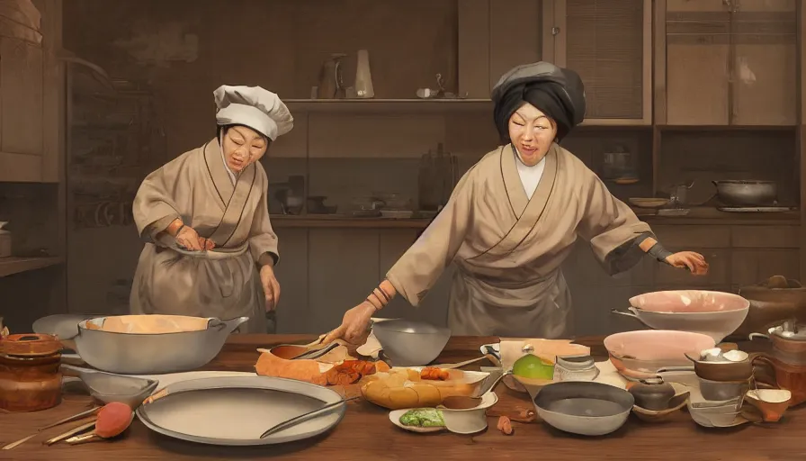 Image similar to old japanese lady cooking, old 1 9 0 0's kitchen, pan and plates, hyperdetailed, artstation, cgsociety, 8 k