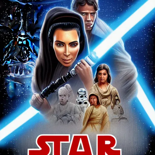 Image similar to super detailed star wars movie poster with Jesus Christ and kim kardashian, 8k full HD photo, cinematic lighting, anatomically correct, oscar award winning, action filled, correct eye placement,