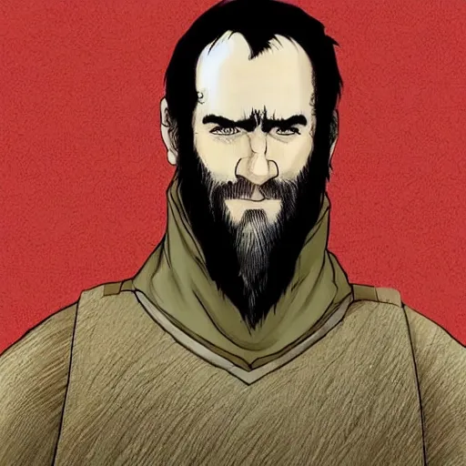 Image similar to Stannis is a large man, tall, broad-shouldered, and sinewy. He has dark blue eyes and a heavy brow. His head has only a fringe of black hair like the shadow of a crown, and he has a close-cropped beard across his large jaw. His face has a tightness to it like cured leather, and he has hollow cheeks, and thin, pale lips. He grinds his teeth regularly.