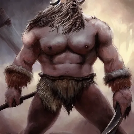 Image similar to bull man barbarian wearing a tattered loincloth with an giant axe, fursona, furry art, anthro, detailed dark brown fur, detailed long black hair, big horns, scars, anime key visual, makoto shinkai