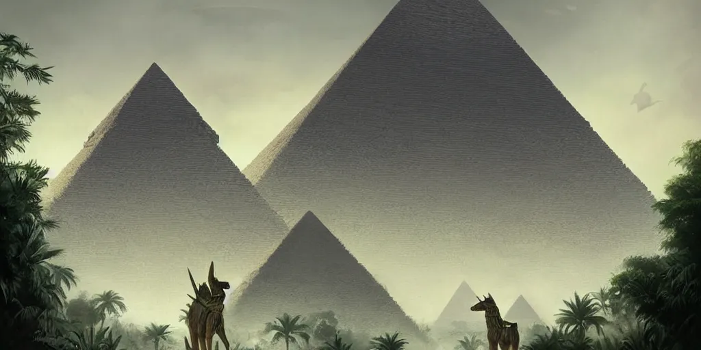 Prompt: egyptian pyramids, anubis, dense jungle, soft grey and green natural light, intricate, digital painting, artstation, concept art, smooth, sharp focus, illustration, art by greg rutkowski and luis rollo and uang guangjian and gil elvgren, symmetry!