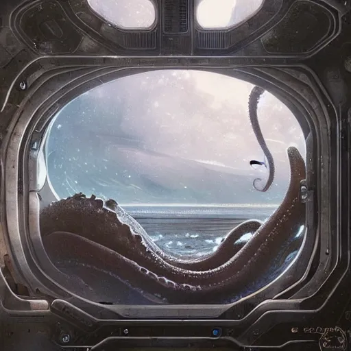 Image similar to The giant octopus monster through the spaceship window, wide shot, broad detail, by Greg Rutkowski