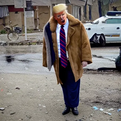 Image similar to donald trump dressed as a homeless man living in the slums