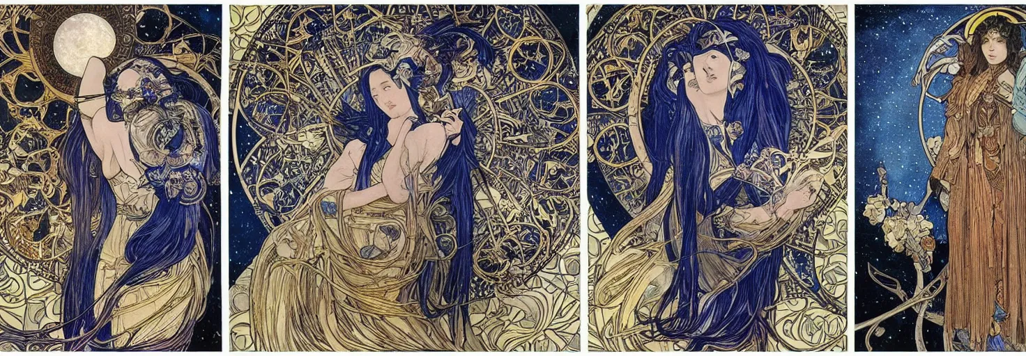 Prompt: the longest night, maiden and fool and crone, cloaked dark winter night, astronomical star constellations and watch gears, traditional moon and candle and tattoo, ultramarine blue and gold, intricate stained glass, awardwinning art by sana takeda and alphonse mucha and michelangelo