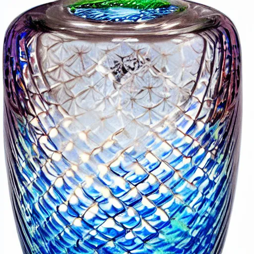 Prompt: A beautiful vase designed by a master glass and jewelry designer. Created by nanotechnology. fruit theme,