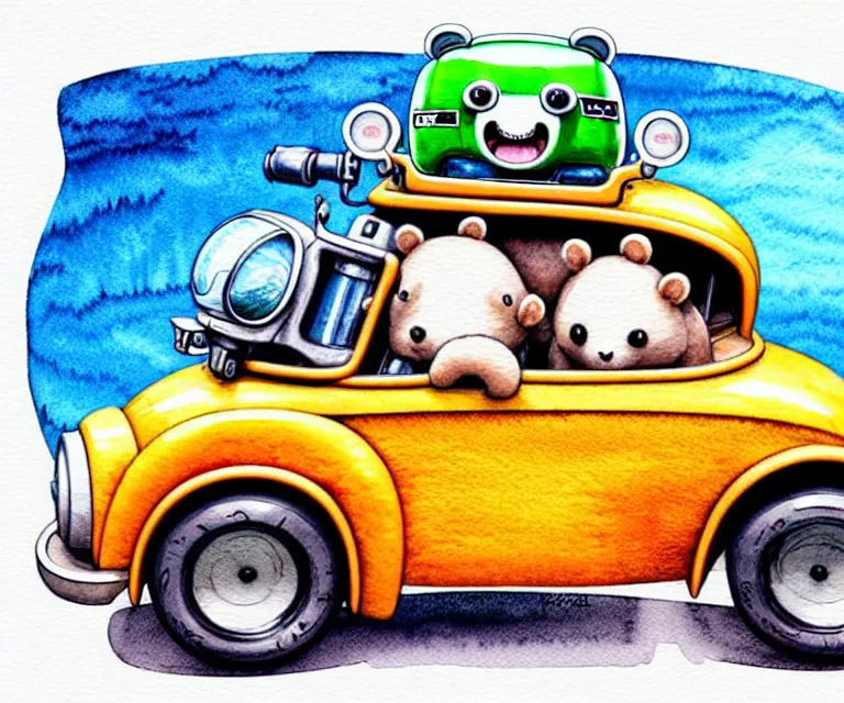 Prompt: cute and funny, koalabear wearing a helmet riding in a tiny hot rod with an oversized engine, ratfink style by ed roth, centered award winning watercolor pen illustration, isometric illustration by chihiro iwasaki, edited by range murata, tiny details by artgerm and watercolor girl, symmetrically isometrically centered, sharply focused