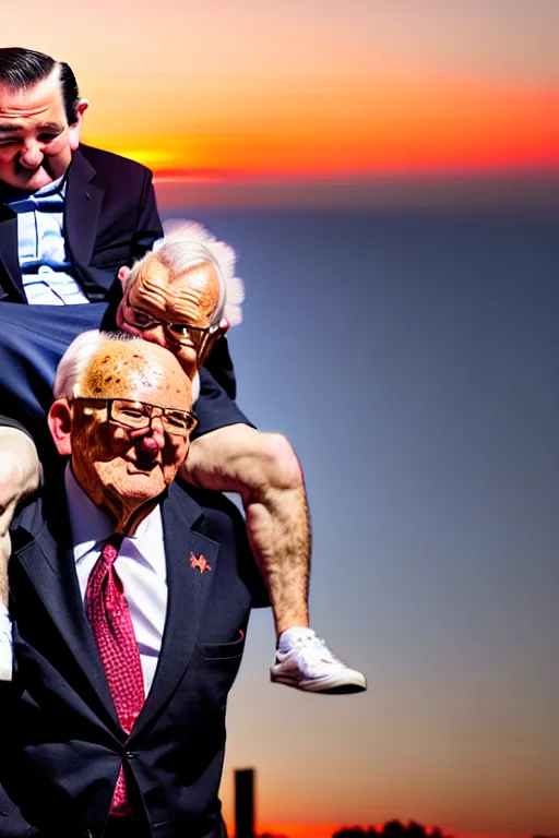 Prompt: elderly man carrying ted cruz piggyback, 8 k, award winning photograph, portrait, detailed faces, sunset in background, highly - detailed