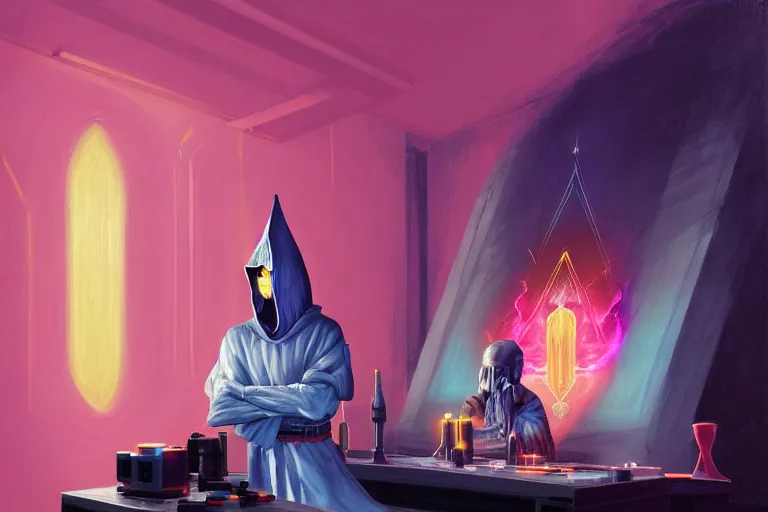 Prompt: A beautiful masterpiece painting of a technomancer wizard in robes with pointed hood discussing sentience with his synthesized Al djinn in his laboratory near a computer (by Remedios Varo and Anato Finnstark and Greg Rutkowski), (dayglo pink, dayglo blue, dazzle camouflage), 8k, trending on ArtStation