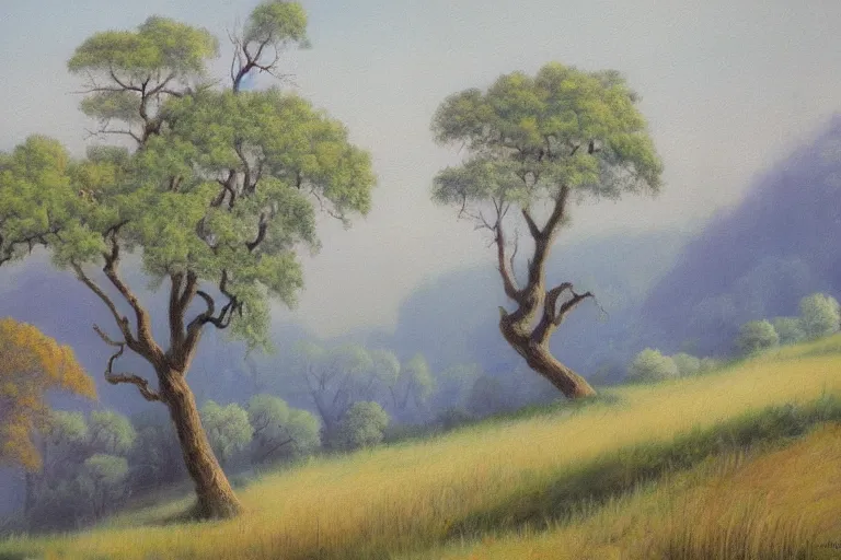 Prompt: masterpiece painting of oak trees on a hillside overlooking a foggy valley, by marion wachtel