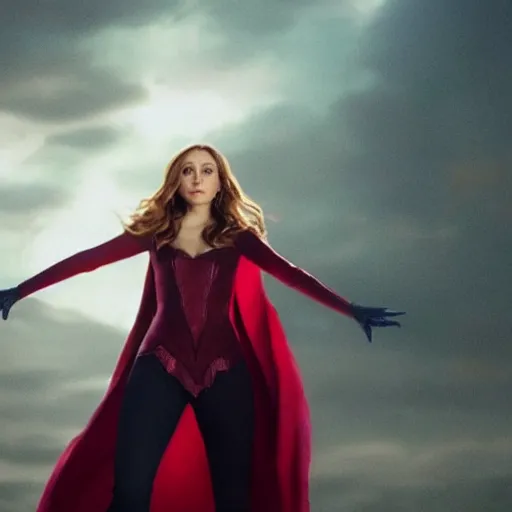 Image similar to elizabeth olsen artstation scarlet witch, floating in the air as she emanates magic from her palms, full - body portrait, 3 5 mm!!!!! photography, disdain facial expression, messy!!!!! hair, trending on artstation, photorealistic!!!!!, 4 k, 8 k