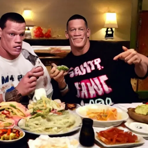 Prompt: obese john cena and michael jackson eating mukbang