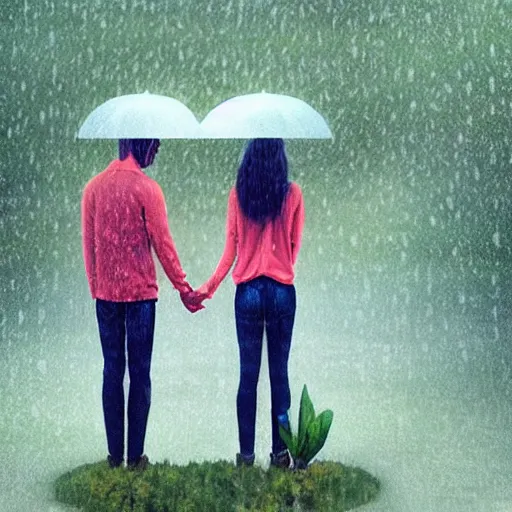 Prompt: a couple holding hands with plants growing out of their heads, growth of a couple, rainy day, atmospheric, bokeh matte masterpiece by artgerm by wlop by alphonse muhca