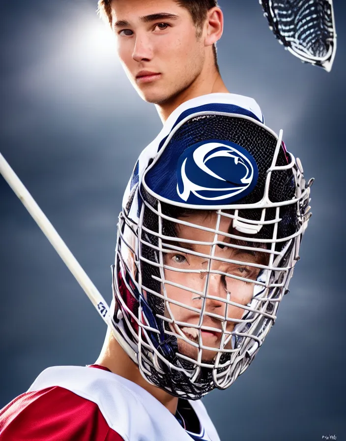 Image similar to closeup portrait of very beautiful cute male lacrosse player in a penn state stadium, glamour pose, particle effects, backlit, highly detailed, soft ambient lighting, sharp focus, rule of thirds, artgerm, wlop, arney freytag, rossdraws, frank frazetta, andrei riabovitchev, hd, octane, 4 k