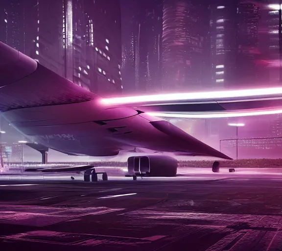 Image similar to futuristic sci fi plane lands at runway of cyberpunk city, night photo ,dark cinematic lighting , digital concept art