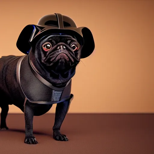 Image similar to 3 d rendered hyper realistic hyper detailed black pug wearing a pug - shaped darth vader helmet, octane render, blender, 8 k