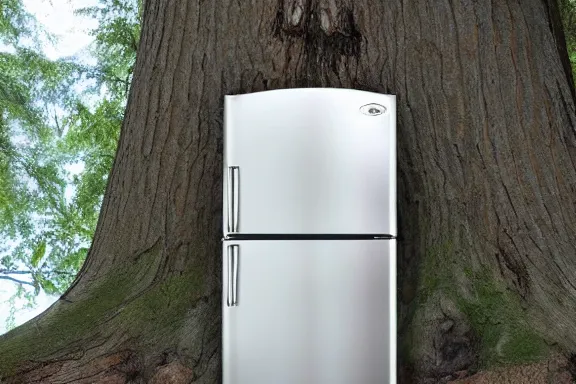 Prompt: a refrigerator in a tree