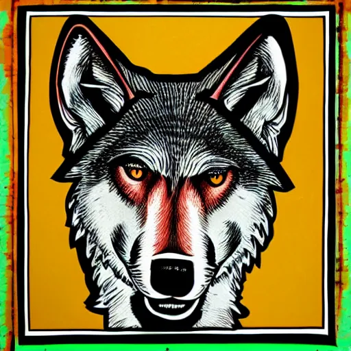 Image similar to portrait of retarded wolf, squint eyes, rabies, propaganda style, vivid colors, detailed