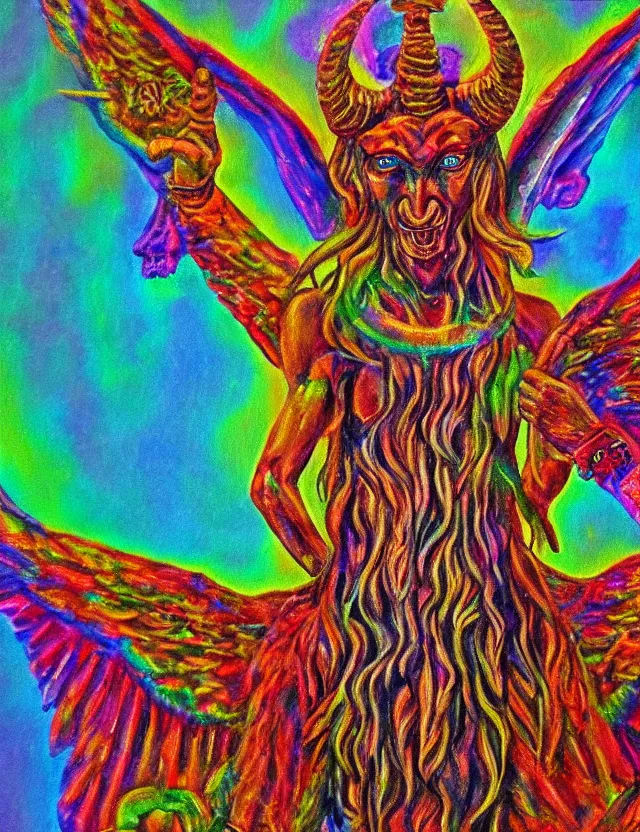 Image similar to the ancient god Baphomet, horned god of wisdom gnostic mystery religion, oil painting (beautiful), chromatic aberration strange colors