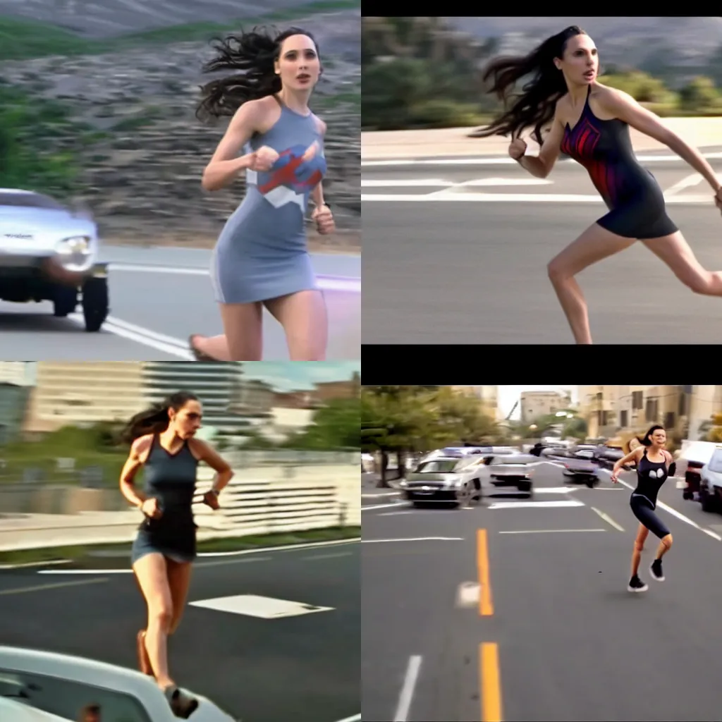 Prompt: dash cam screenshot of gal gadot running from the cops motion blur view from helicopter