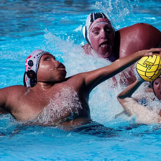 Prompt: hippopotamuses playing water polo against people. sports photograph.