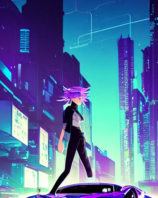 Image similar to digital illustration of cyberpunk pretty girl with blue hair, standing in front of a purple lamborghini, in junkyard at night, by makoto shinkai, ilya kuvshinov, lois van baarle, rossdraws, basquiat