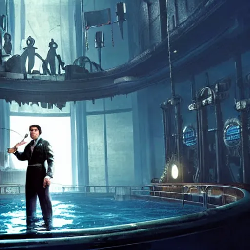 Image similar to a highly detailed cinematic photo from a live - action bioshock movie. andrew ryan, portrayed by evan peters, is shown standing in a 1 9 3 0's office with a large desk in front of an immense floor - to - ceiling window looking out into the underwater city of rapture. sea life including a blue whale is shown outside of the window