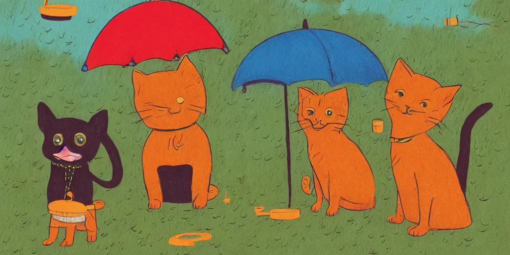 Prompt: a black dog and an orange tabby kitten standing in the rain by richard scarry