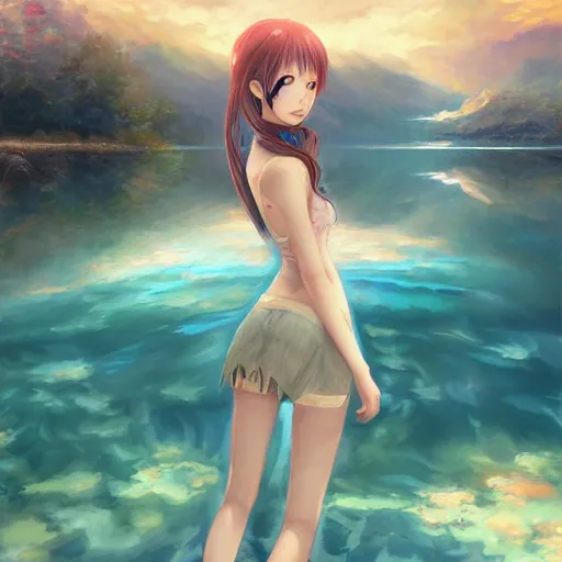 Image similar to advanced anime painting , a lake that leads into another dimension, oil painting, shikamimi, WLOP, RossDraws