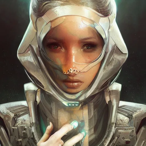 Prompt: scifi character portrait Painting of a futuristic ninja, dystopian mood, intricate, wild, highly detailed, digital painting, artstation, concept art, smooth, sharp focus, illustration, art by artgerm and greg rutkowski and alphonse mucha
