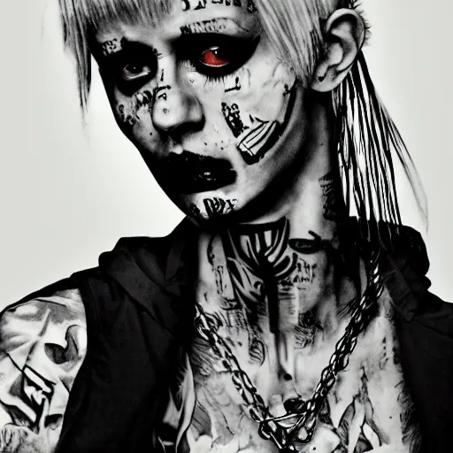 Image similar to die antwoord chappie portrait, back and white, zef design graffiti in the background, dark lighting, freaky, digital art