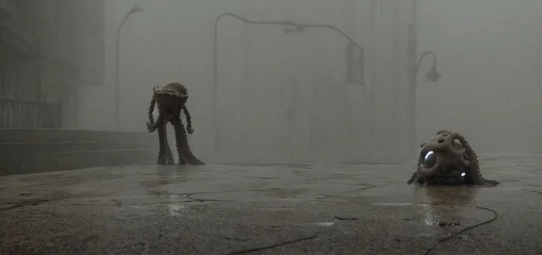 Prompt: a robotic octopus climbing out of a storm drain, foggy, cinematic shot, photo still from movie by denis villeneuve, wayne barlowe