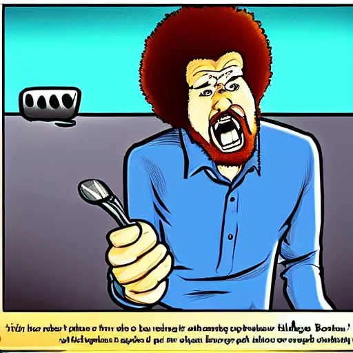 Image similar to angry bob ross screaming at laptop comic strip