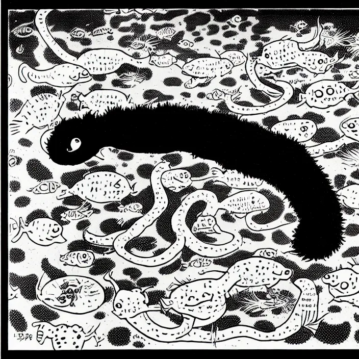 Image similar to a still frame from comic strip, black fluffy hairy snake in a fishtank 1 9 5 0, herluf bidstrup, new yorker illustration, monochrome contrast bw, lineart, manga, tadanori yokoo, simplified,