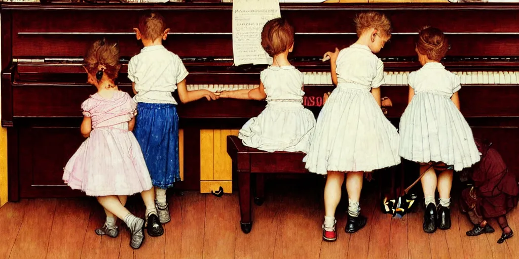 Image similar to Three children walk inside a piano by Norman Rockwell, hyper detailled, trending on artstation