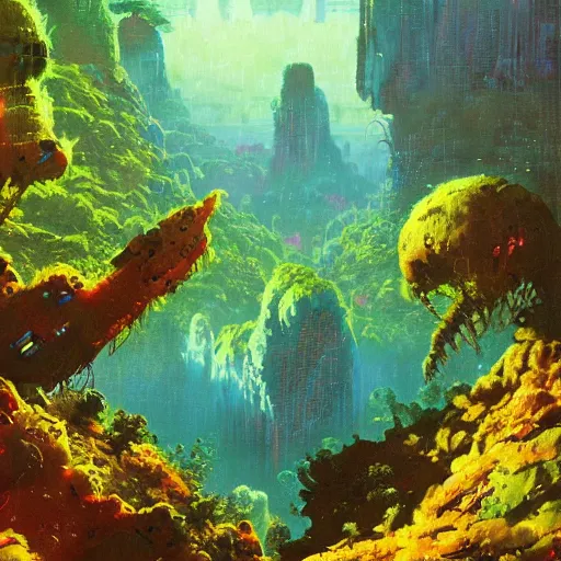 Image similar to illustration of a lush natural scene on an alien planet by paul lehr. extremely detailed. beautiful landscape. weird vegetation. cliffs and water.