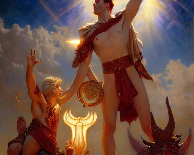 Image similar to attractive pagan male deity, summoning handsome lucifer morning star. highly detailed painting by gaston bussiere, craig mullins, j. c. leyendecker 8 k