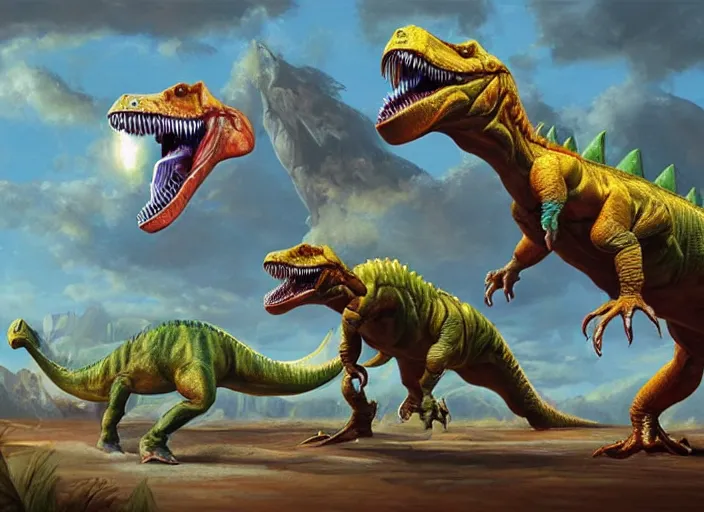 Prompt: concept design of dinosaurs made by pieces of types of candies, oil painting by jama jurabaev, extremely detailed, brush hard, artstation, for aaa game, high quality, brush stroke