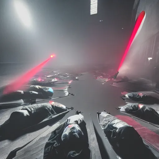 Image similar to giant group smoke bodies, lasers, darkness, from behind, wide angle, elaborate, smoke, red dot, highly detailed, beautiful lighting