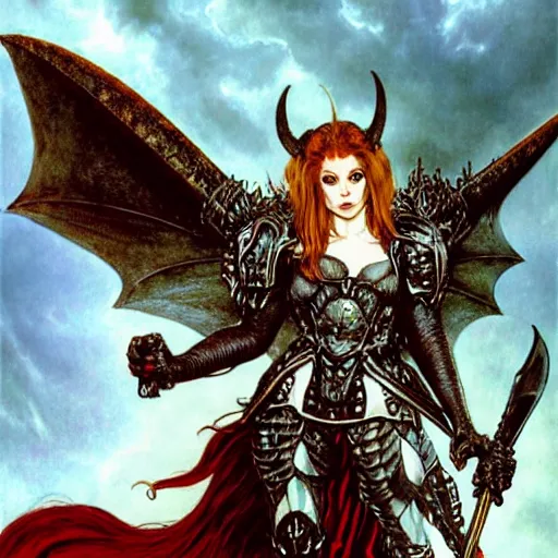 Prompt: head and shoulders portrait of an armored erinyes devil with huge bat wings, d & d, fantasy, luis royo, magali villeneuve, donato giancola, wlop, krenz cushart, hans zatka, klimt, alphonse mucha
