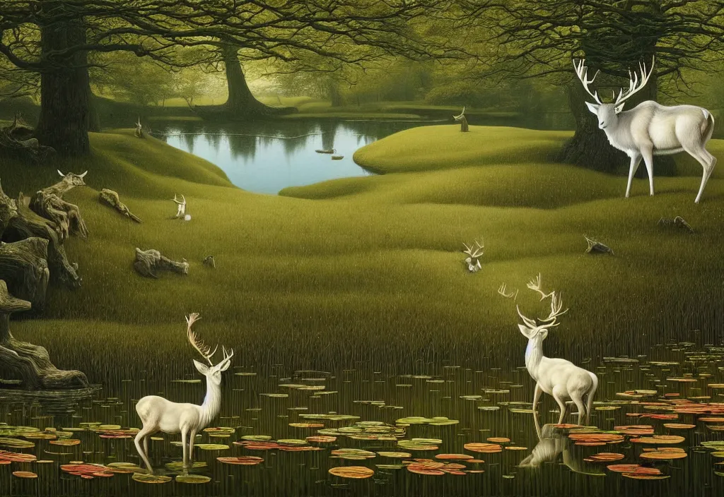 Prompt: hyper detailed 3d render like a Oil painting - white stag drinking from a pond in a peaceful lush meadow, by Jacek Yerka, Mariusz Lewandowski, Houdini algorithmic generative render, Abstract brush strokes, Masterpiece, Edward Hopper and James Gilleard, Zdzislaw Beksinski, Mark Ryden, Wolfgang Lettl, hints of Yayoi Kasuma, octane render, 8k