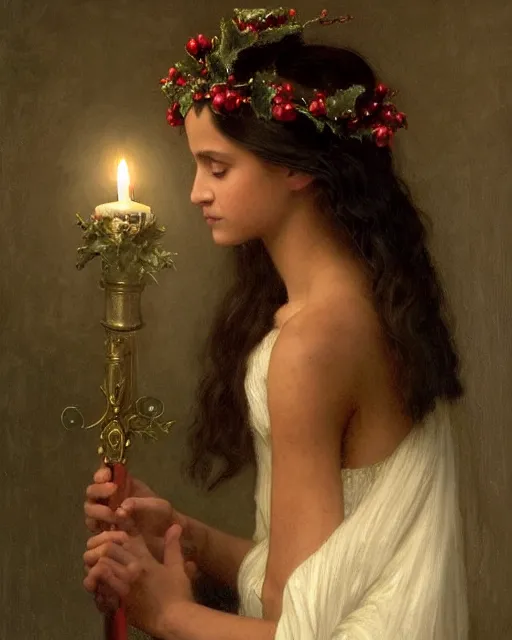 Image similar to a shadowy portrait painting of a shy 1 6 - year old alicia vikander as santa lucia at christmas wearing a holly wreath as a crown with candles, lit only by candlelight in the darkness, intricate, elegant, highly detailed, artstation, concept art, by krenz cushart and donato giancola and william adolph bouguereau and alphonse mucha