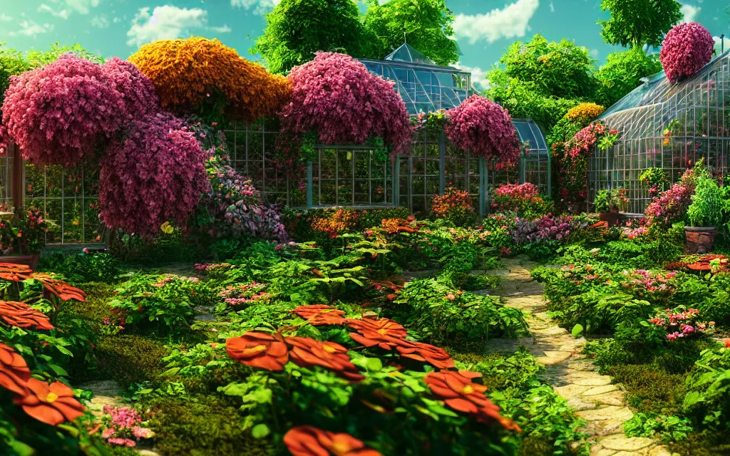 Prompt: a sprawling garden with many flowers and vines, greenhouse!, pathways, sunny day, beautiful lighting, vivid colors!, highly detailed, cinematic, octane render, 4 k, trending on artstation, deviantart featured