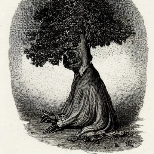 Image similar to tree with a human face smoking a cigarette, high detail, 1 9 th century illustration by john tenniel